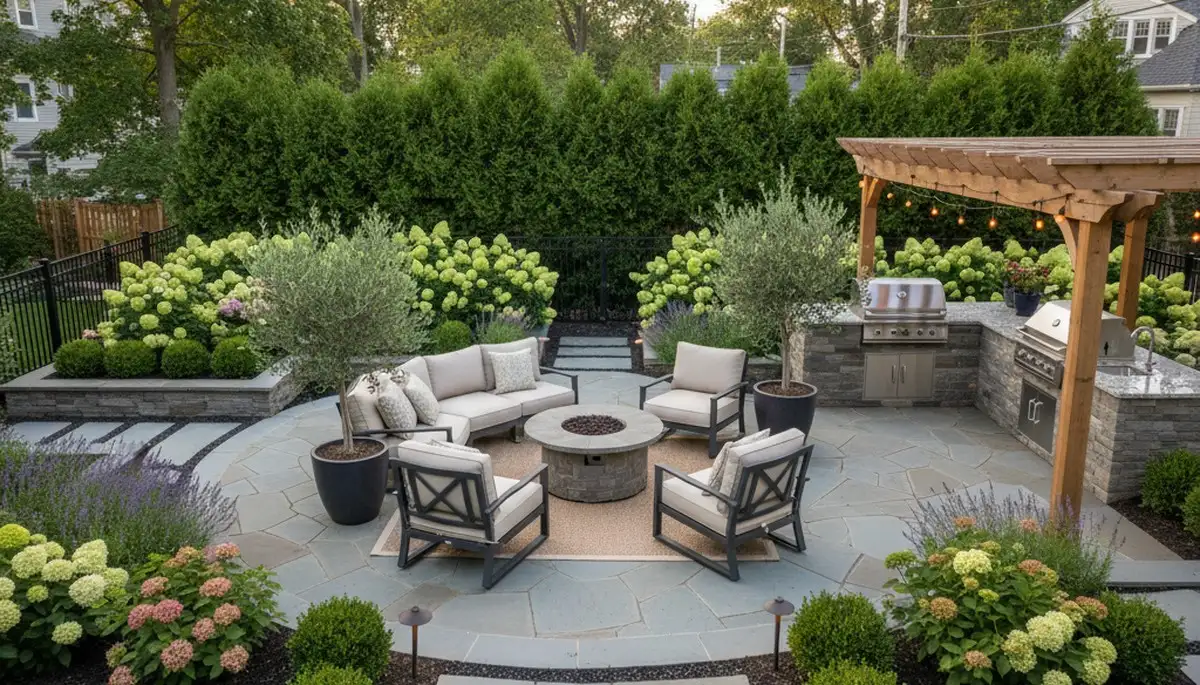 Backyard patio with seating, lighting, and lush plantings by Chop Chop Landscaping in Waltham, MA