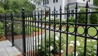 Black metal ornamental fence installation by Chop Chop Landscaping in Waltham, MA for security and curb appeal