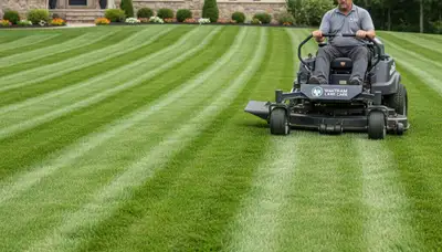 Commercial mower creating striped lawn patterns during professional mowing in Waltham, MA