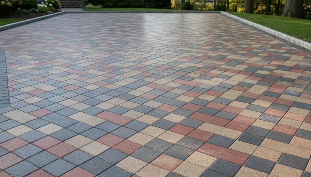 Interlocking paver driveway installation in Waltham, MA showcasing clean lines and expert craftsmanship