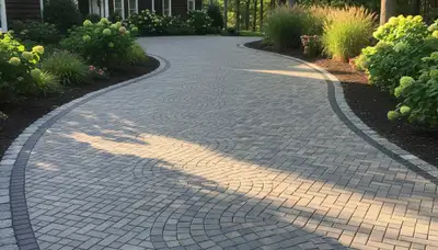 Curved paver driveway design with custom stonework by expert landscapers in Waltham, MA
