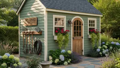 Decorative garden shed installation with lush landscaping in Waltham, MA by Chop Chop Landscaping