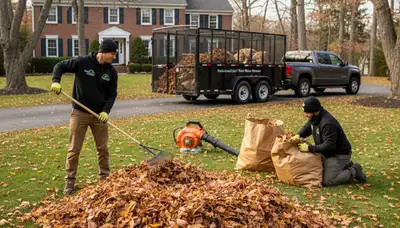 Landscapers raking and bagging fall leaves during yard clean up in Waltham, MA residential property