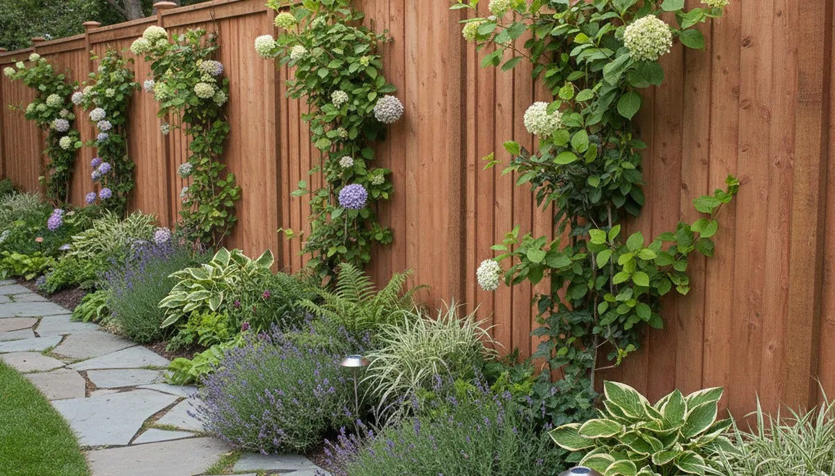 Fence with lush climbing plants and garden beds by Chop Chop Landscaping in Waltham, MA