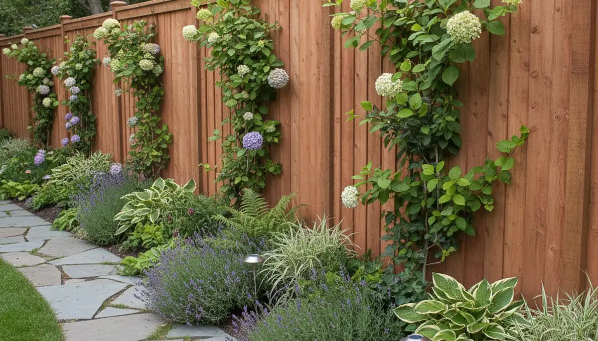 Fence with lush climbing plants and garden beds by Chop Chop Landscaping in Waltham, MA