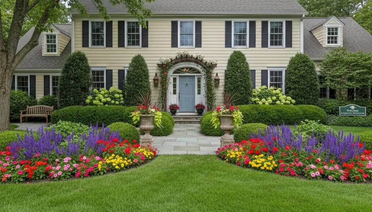 Front yard curb appeal landscaping with colorful flowers and shrubs at a Waltham MA home entrance
