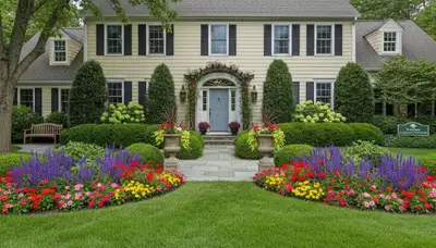 Front yard curb appeal landscaping with colorful flowers and shrubs at a Waltham MA home entrance