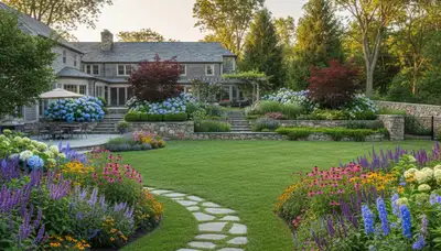 Full property landscape design with lawn, hardscape, and plantings by landscapers in Waltham, MA