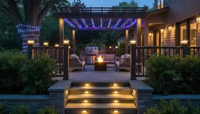 Illuminated deck and patio lighting design by Chop Chop Landscaping in Waltham, MA