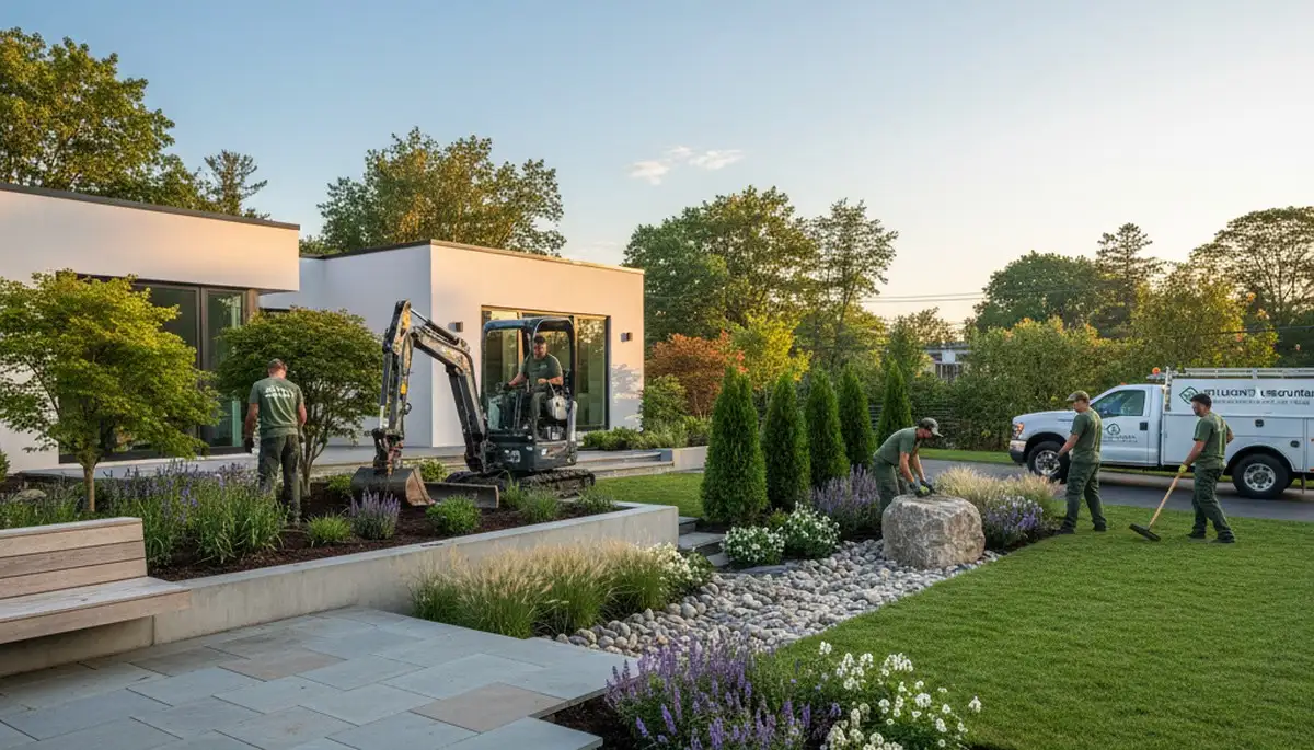 Landscaping crew servicing a Waltham, MA property with professional lawn care and yard maintenance