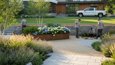 Landscaping crew providing lawn care and garden maintenance in Waltham, MA