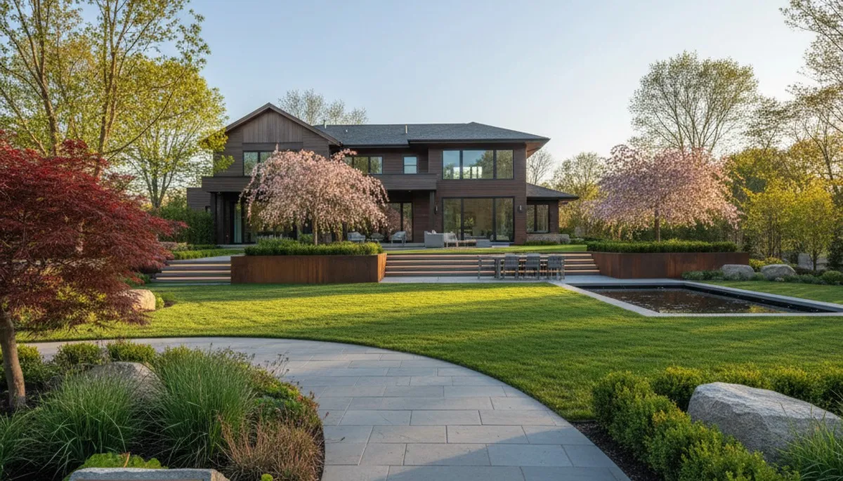 Landscaping crew providing lawn care and yard maintenance in Waltham, MA