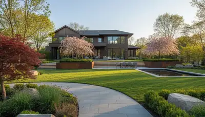 Landscaping crew providing lawn care and yard maintenance in Waltham, MA