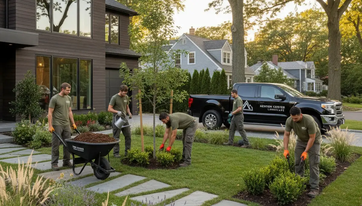 Landscaping service crew in Waltham, MA providing professional outdoor property maintenance