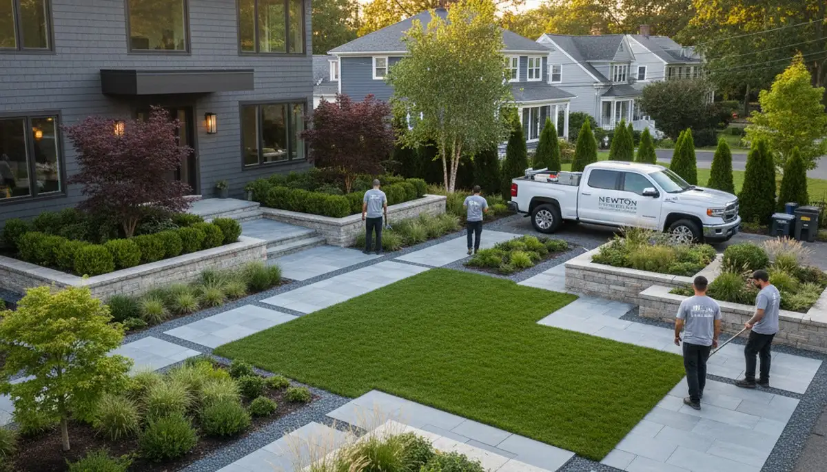 Landscaping crew serving Waltham, MA with professional lawn care and outdoor property maintenance