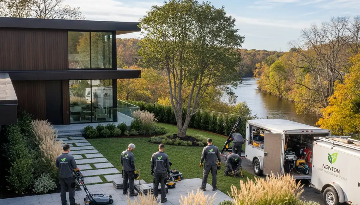 Landscaping crew providing lawn care and garden maintenance in Waltham, MA