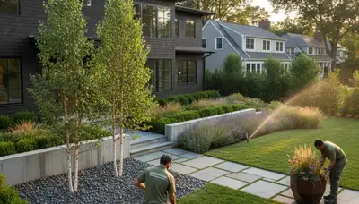 Landscaping crew providing lawn care and garden maintenance in Waltham, MA