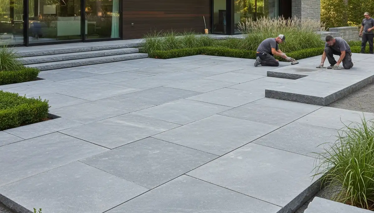 Contemporary large format stone patio installation by professional landscapers in Waltham, MA