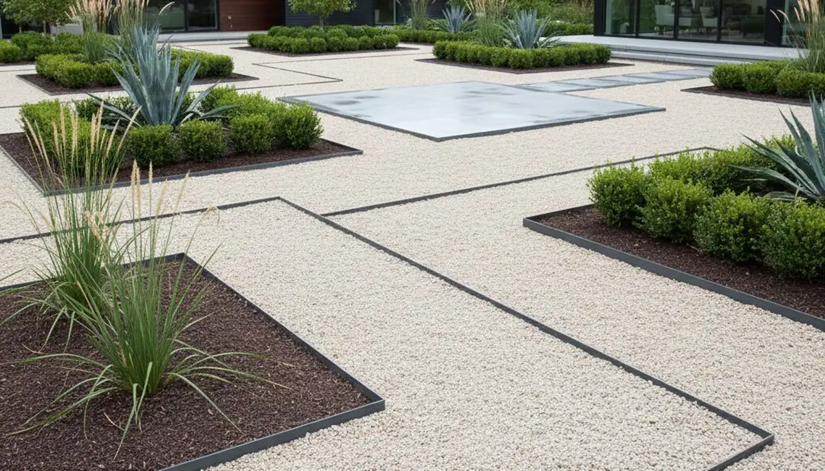 Modern pea gravel landscape with geometric plants and clean lines in Waltham, MA by Chop Chop Landscaping