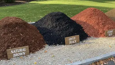 Brown, black, and red mulch color options displayed for landscaping in Waltham, MA by Chop Chop Landscaping