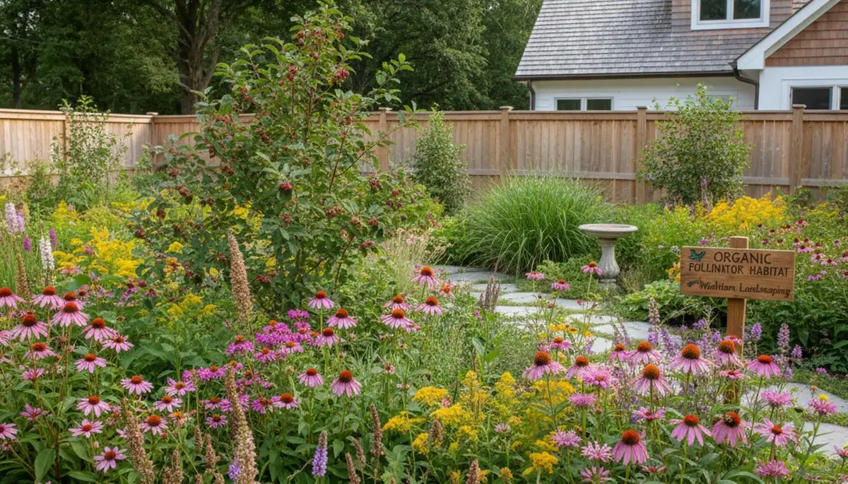 Vibrant native pollinator garden with bees and flowers by organic landscapers in Waltham, MA