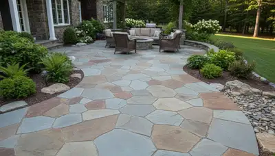 Natural flagstone patio with slate pavers professionally installed by landscapers in Waltham, MA