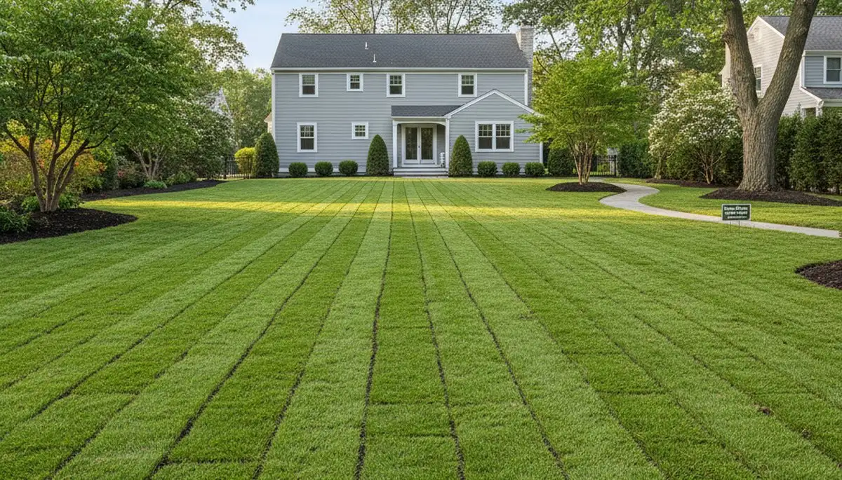 Freshly installed sod lawn showing vibrant green turf transformation by landscapers in Waltham, MA