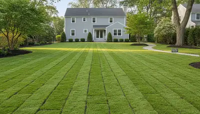 Freshly installed sod lawn showing vibrant green turf transformation by landscapers in Waltham, MA