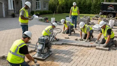 Crew installing driveway pavers in Waltham MA with base prep and leveling by Chop Chop Landscaping