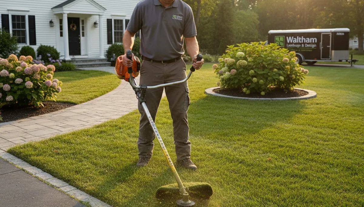 Technician trimming precise lawn edges with string trimmer in Waltham MA for Chop Chop Landscaping