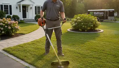 Technician trimming precise lawn edges with string trimmer in Waltham MA for Chop Chop Landscaping