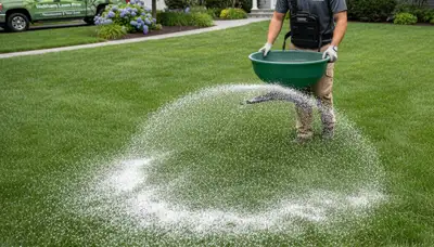 Lawn care technician applying fertilizer with spreader on residential lawn in Waltham, MA