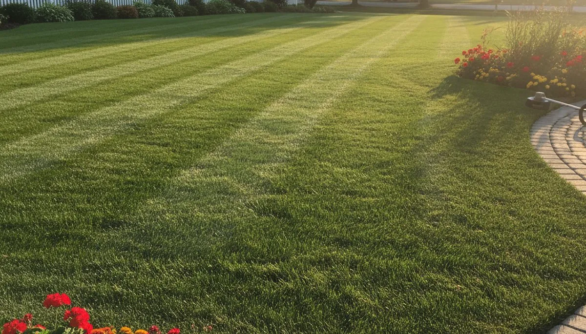 Professional lawn striping and edging showcasing expert mowing results in Waltham, MA