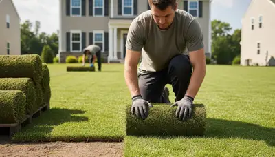 Professional landscaper installing sod rolls with precision in Waltham, MA for lush, even lawn results