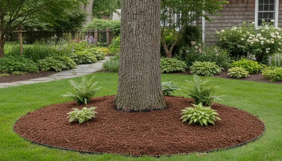 Professional circular tree mulch ring installation in Waltham, MA by Chop Chop Landscaping