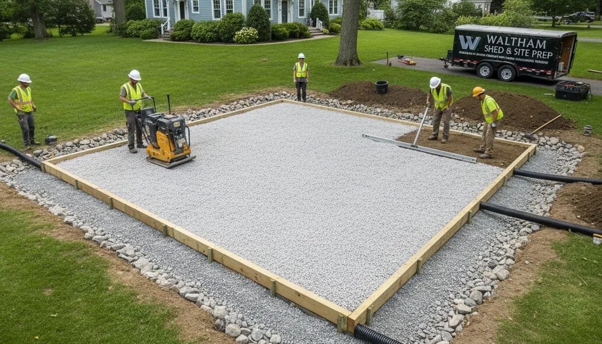 Professional shed base preparation with gravel foundation by landscapers in Waltham, MA