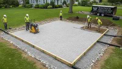 Professional shed base preparation with gravel foundation by landscapers in Waltham, MA