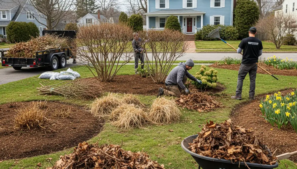 Professional spring yard cleanup and garden bed pruning in Waltham, MA by Chop Chop Landscaping