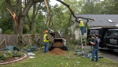 Technicians clearing storm debris during emergency yard cleanup in Waltham, MA landscaping service