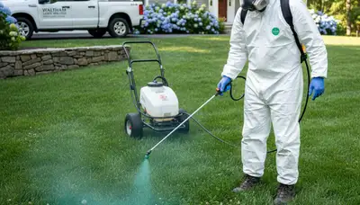 Lawn care technician applying targeted weed control at a Waltham MA residential yard